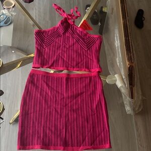 Pink and Black Striped Halter Top and Skirt Set